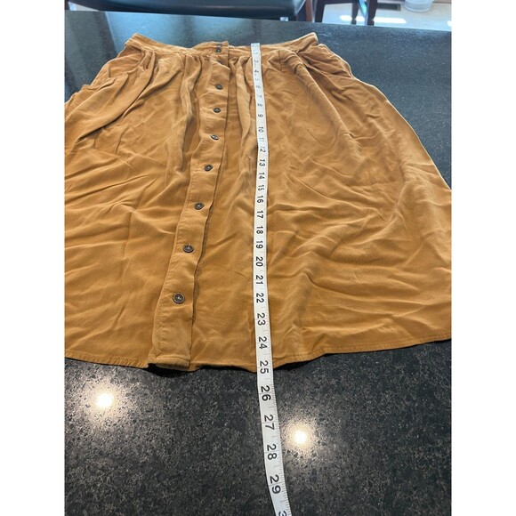 Forever 21 Camel Brown Button Front Midi Skirt M Rayon A Line Pockets Boho - Picture 2 of 15